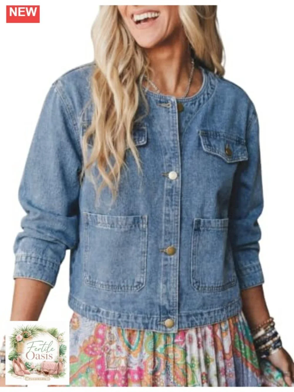 Womens Crop Collarless Denim Jacket Button Down Casual Fall Coat